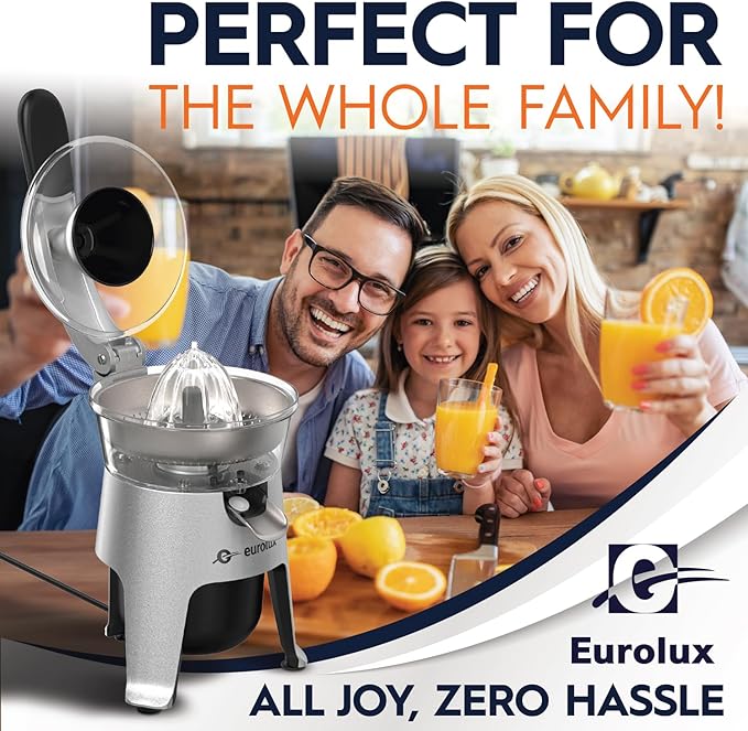 Eurolux Die Cast Stainless Steel Electric Citrus Juicer Squeezer, for Orange, Lemon, Grapefruit | 300 Watts of Power, With 2 Stainless Steel Filter Sizes for Pulp Control