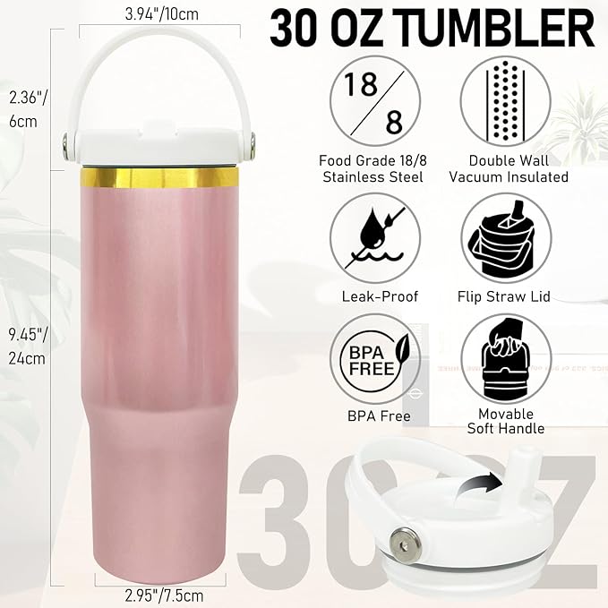 30 oz Tumbler Bulk with Handle and Straw, Vacuum Insulated Tumblers with Flip Straw and Top Handle, Leakproof Powder Coated Tumbler, Stainless Steel Travel Mug for Coffee (RoseGold, 4 Pack)