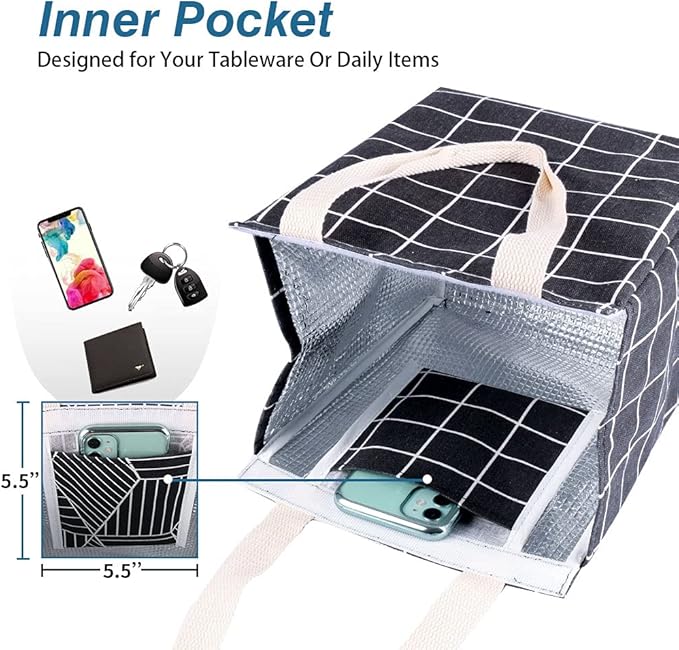 iknoe Insulated Lunch Bag for Women & Adults, 9L Foldable Wide-Open Cooler Bag with Pockets, Leakproof & Portable, for Picnic, Office, Beach(Black square)