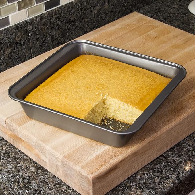 Ecolution Bakeins Square Cake Baking Pan – PFOA, BPA, and PTFE Free Non-Stick Coating – Heavy Duty Carbon Steel – Dishwasher Safe – Gray – 9” x 9” x 2”