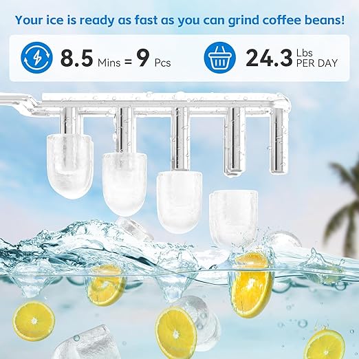 Alpicool Countertop Bullet Ice Maker, Ice Machine 9 Cubes in 8 Mins, 24Lbs/24H, Portable Ice Maker with Basket and Scoop for Home/Party/RV/Camping