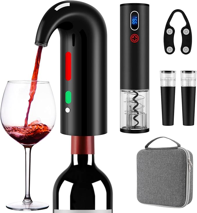 Wine Opener Valentines Day Gift Set with Electric Wine Bottle Opener, Wine Decanter&Wine Aerator and Pourer, wine stopper, Foil Cutter and EVA Storage Bag, Rechargeable and Automatic(Black)