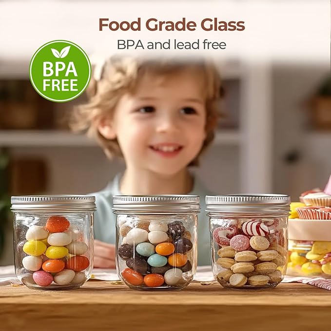 ComSaf Wide Mouth Mason Jars with Lids 8 oz 6Pcs, Half Pint Small Mason Containers, Canning Jars for Jam, Jelly, Meal Prep, Overnight Oats, Yogurt Parfait, Shower Wedding Favors, DIY Candles Decor