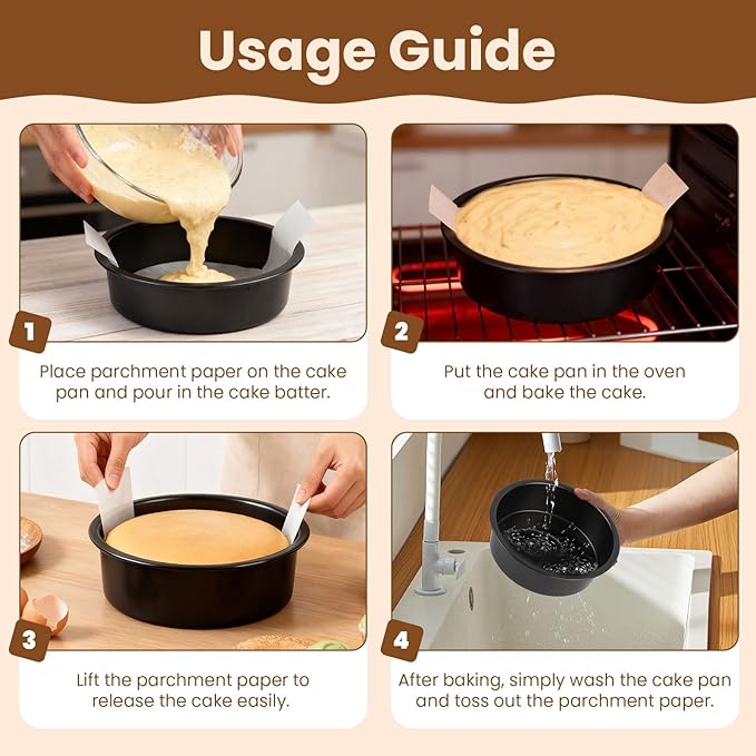 10 Inch Cake Pan Set of 2 - Nonstick Carbon Steel Round Cake Baking Pans with Parchment Paper, Dishwasher Safe, Durable for Large Layer Cakes, Birthday & Christmas Baking