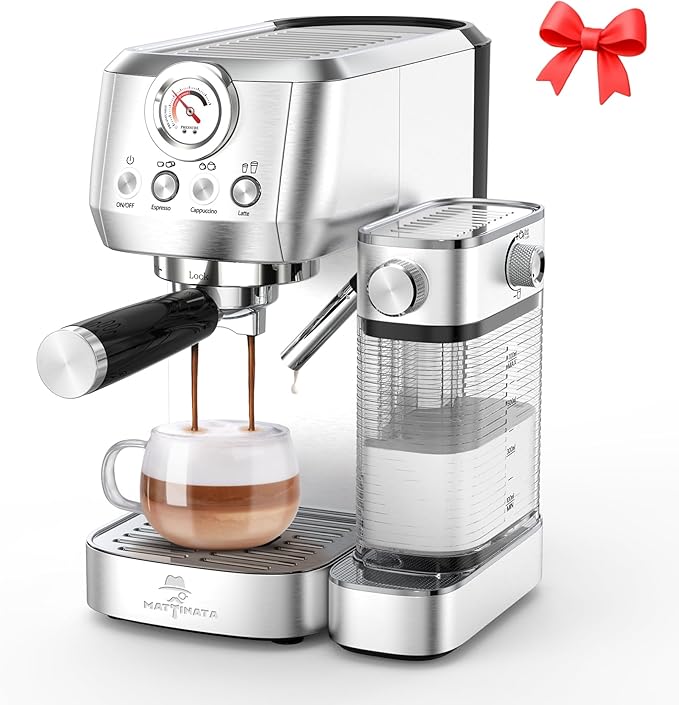 MAttinata CM1633 Cappuccino Machine 20 Bar, Professional Espresso Machines with Automatic Milk Frothering, Barista Compact Latte Maker for Home, with Pressure Gauge for Coffee Lovers, Stainless Steel