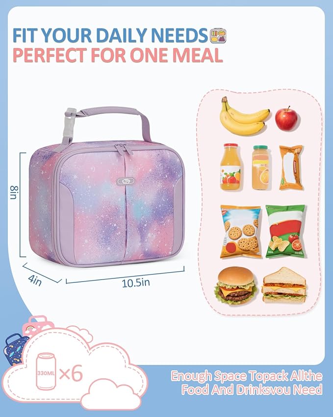 Insulated Lunch Box for Kids, Cute Thermal Lunch Bag for School, Reusable Lunch Tote for Boys and Girls, Durable Cooler Bag with Easy Grab Handle, Lightweight and Easy to Clean, Galaxy Starry Sky