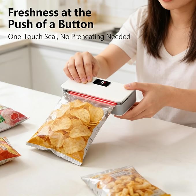 2026 New USB-C Rechargeable Mini Bag Sealer, One-Touch, Adjustable and Portable Freshness, 6-Level Adjustable Heat Sealer & Cutter, LED Display, Magnetic Base for Fridge & Kitchen (White)