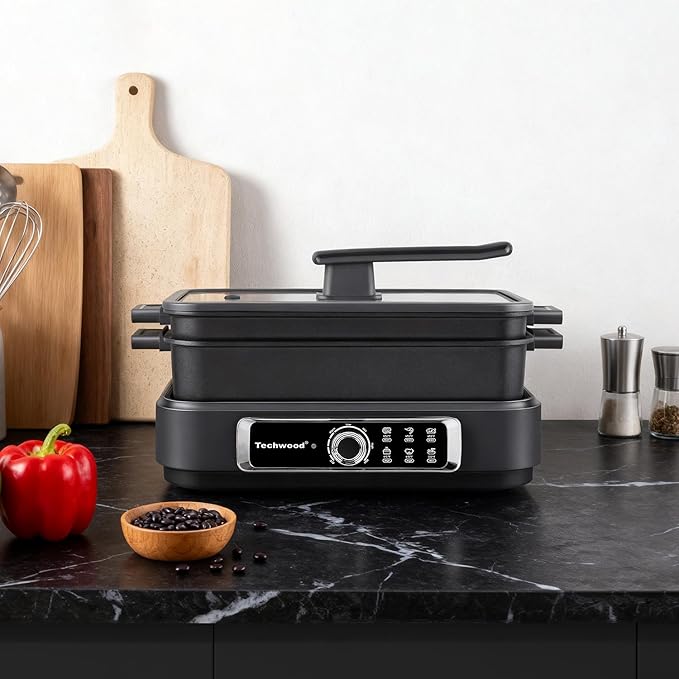 Slow Cooker, Techwood 1500W Electric Skillet 7.5-Quart Extra-large Capacity Multi-Cooker with 5-Level Heat Settings, Come with Non-stick Skillet Pan & Cooking Pot, Dishwasher Safe, Black