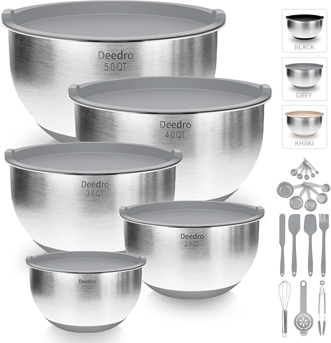 Deedro Premium Mixing Bowls with Airtight Lids Set, 22Pcs Thicker Stainless Steel Mixing Bowl Set, Large Prep Metal Bowls, Non-Slip Silicone Base Nesting Bowls for Kitchen, 1.5/2/3/4/5 QT, Gray