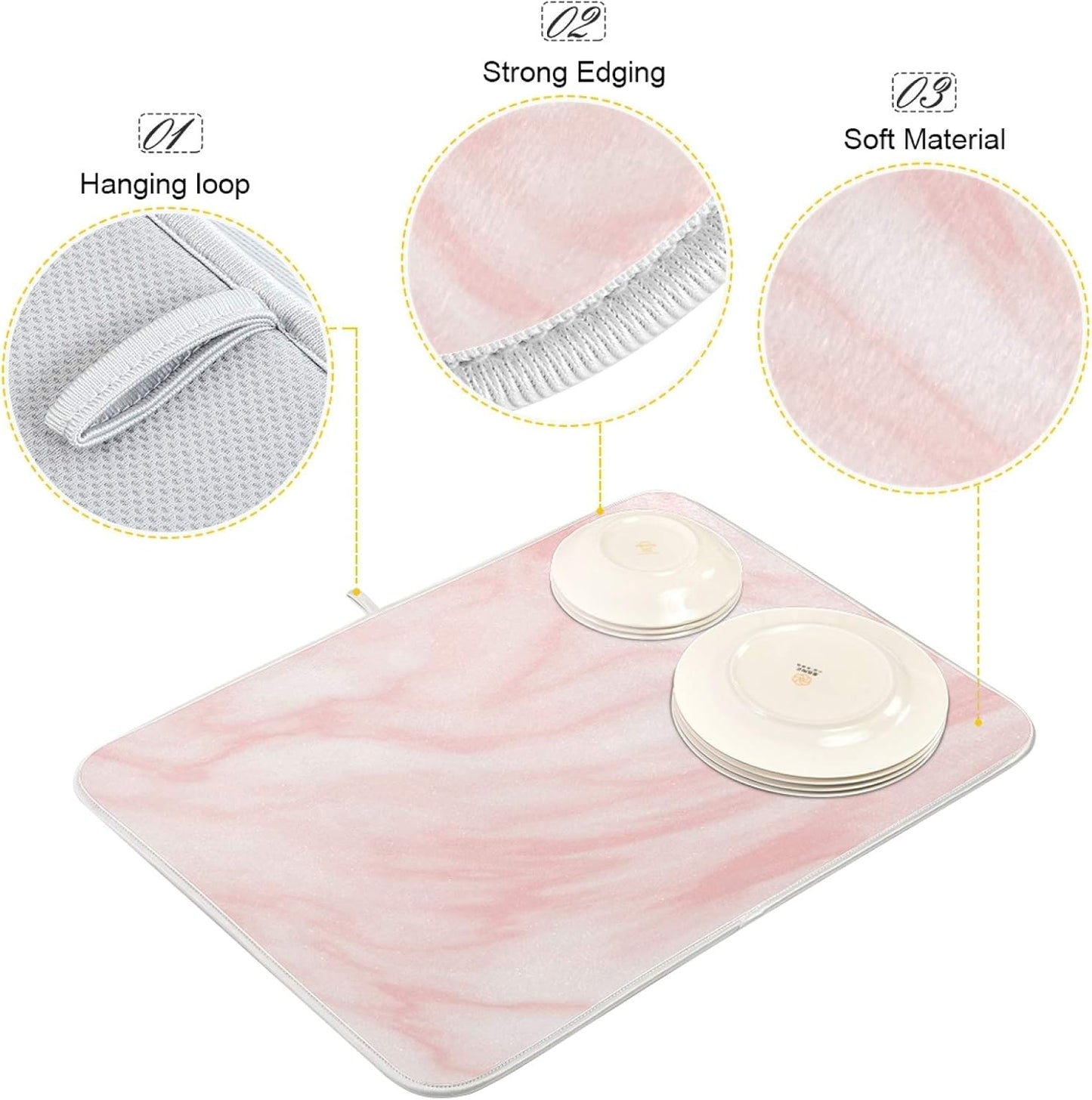 Super Absorbent Dish Drying Mat Microfiber Fast-Drying Dish Mat 16" x 18" Kitchen Dish Drying Pad Pink Coral Marble