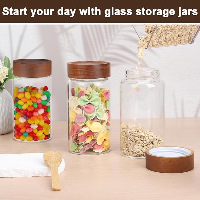 Glass Jar with Wood Lid, 2 Pack 19oz Glass Canister with Airtight Lids, Wide Mouth Screw Top Mason Jars for Sugar, Coffee, Tea, Oatmeal, Cereal, Bean, Candy - 3.1 x 5.9 inch Seasoning Bottle