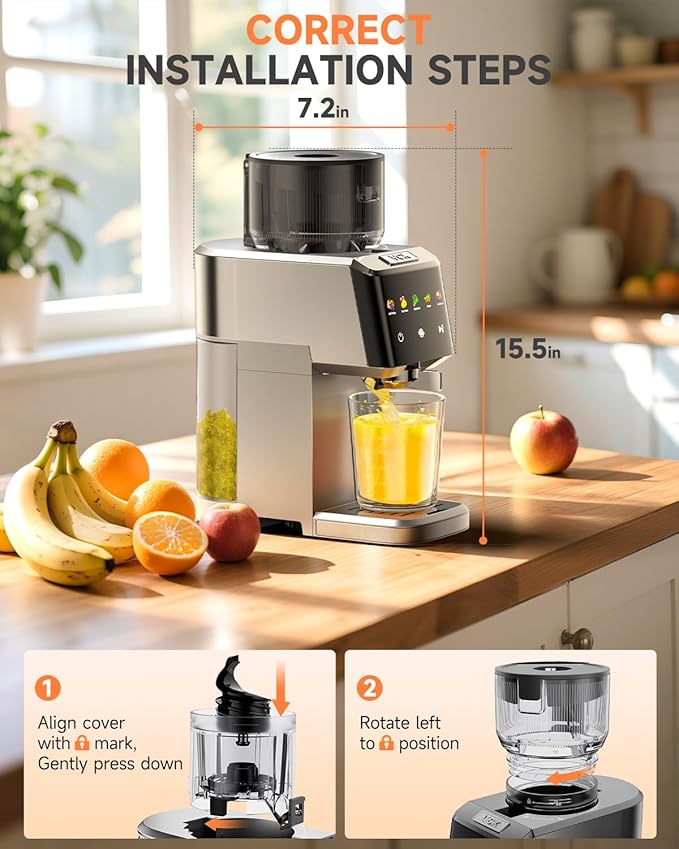 VCK Cold Press Juicer - Large 5.12" Feed Chute, Easy to Clean Slow Masticating for Nutrient Retention Quiet Motor -Silver