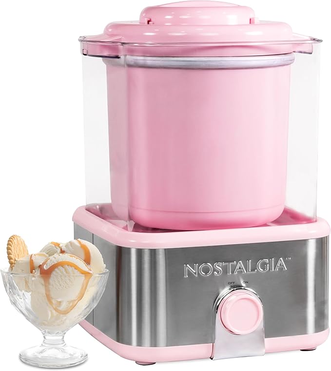 Nostalgia Electric Ice Cream Maker with 2-Qt Double Insulated Gel Canister & Stainless Steel Base - Makes Sorbet, Soft Serve, and Frozen Yogurt - Pink