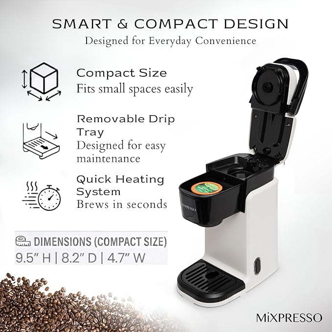 Mixpresso White Single Serve Coffee Maker for K Capsule, Compact Mini Coffee Maker 800 Watt Coffee Machine for Pods or Ground, Fast Brew, Auto Shut Off, 12 Oz Brew Size for Travel, Office, RV and Dorm