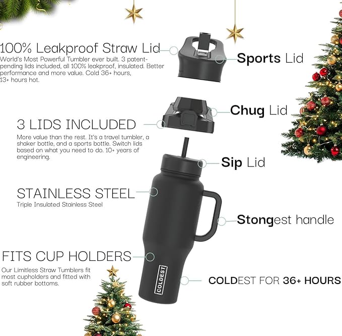 Coldest Tumbler with Handle and Straw, 100% Leak Proof Insulated Tumbler with Lid and Straw (3 Lids), Stainless Steel Tumblers for Women & Men, Cup Holder Friendly, 36 oz (Glowie Leopard)