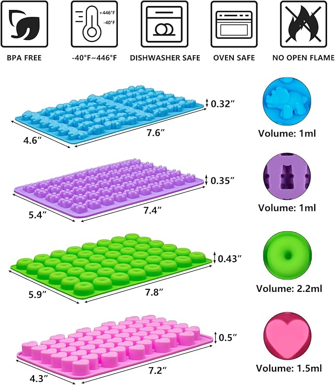 WARM TIME Gummy Bear Candy Molds Silicone, Mini Gummy Molds with 2 Droppers, Food Grade Non-Stick Silicone Molds Including Heart, Dinosaur, Bear, and Donut, Set of 4