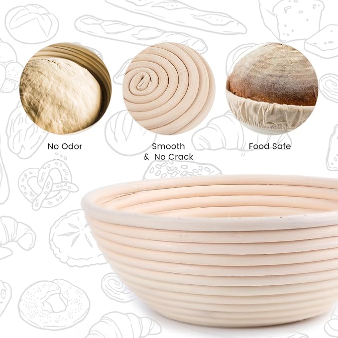 DOYOLLA Bread Proofing Baskets Set of 2 8.5 inch Round Dough Proofing Bowls and Liners Perfect Home Sourdough Bread Baking supplies