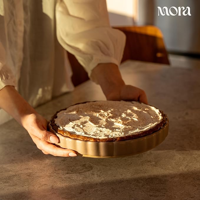MORA Ceramic Tart Pan, 9.5 Inch Large Porcelain Baking Dish for Tarts, Quiche, Pie, Flan etc. Fluted Ruffled Edge, Oven, Microwave, Freezer, and Dishwasher safe - Great Gift For Bakers - Mushroom