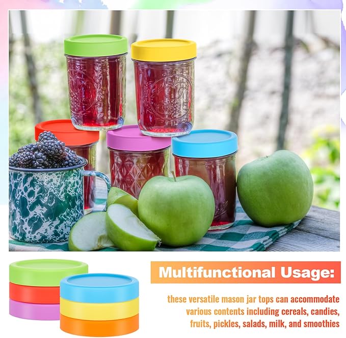 6 Pcs Silicone 3 Wide Mouth and Regular Mouth 3 Regular Mouthlids Mason Jar Lids Thickened Leak Proof Lid, Reusable Large Canning Jar Caps Housewarming Gift (Red Orange Yellow Green Blue Purple)