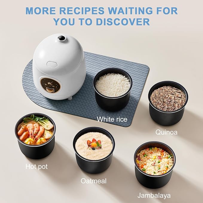 Bear Mini Rice Cooker 2 Cups Uncooked, 1.2L Portable Non-Stick Small Travel Rice Cooker, BPA Free, One Button to Cook and Keep Warm Function, White