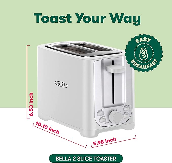 BELLA 2 Slice Toaster with Auto Shut Off - Extra Wide Slots & Removable Crumb Tray and Cancel,Defrost & Reheat Function - Toast Bread,Bagel-& Waffle,White,(Pack of 6)