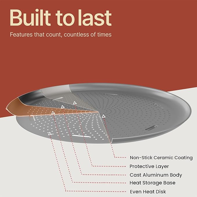 Bakken 16 Inch Non-Stick Pizza Pan 1 Pack, Round Carbon Steel Pizza Tray with Perforated Holes, PFOA, PFOS, & PTFE-Free, Dishwasher & Oven Safe Up To 450°F, Durable Nonstick Coating, Silver