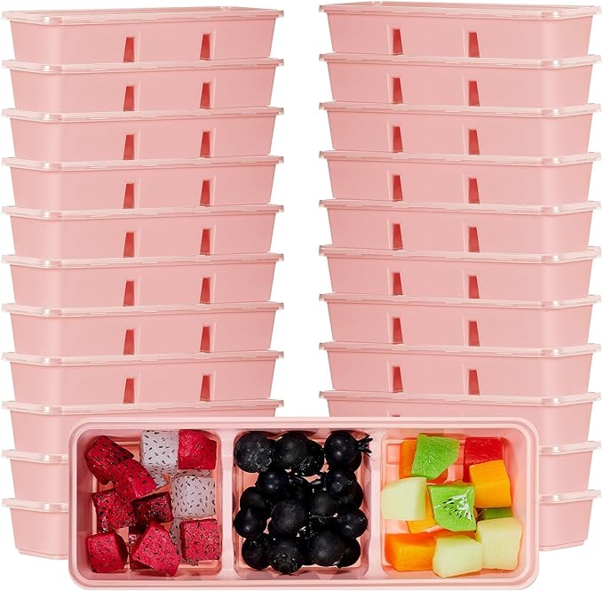 Hushee 50 Pack 17 oz Small Meal Prep Containers with 3 Compartments Snack Containers with Lid Disposable Plastic Bento Box Travel Lunch Food Boxes Stackable for Office Picnic (Pink)