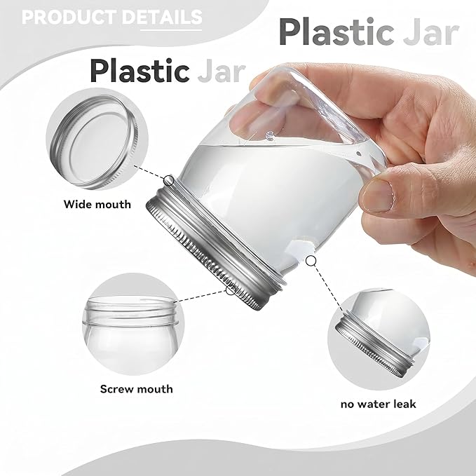 novelinks 8 oz Clear Plastic Jars with Airtight Lids, 48 Pack Plastic Mason Jars with Lids 8oz, Refillable Storage Slime Containers & Small Spice Jar for Kitchen Organization (48 Pack,Silver)
