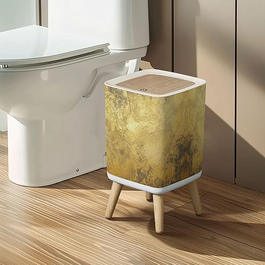Small Trash Can with Lid Gold texture for cover cards flyers poster Bronze paint Stone backdrop Wastebasket with Press Cover Dog Proof Garbage Can Waste Bin for Kitchen Bathroom Nursery 2.6 Gallon