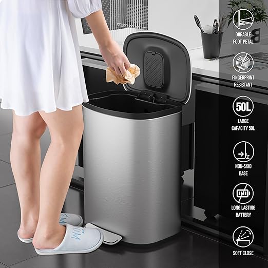 13 Gallon/50L Trash Can with Foot Pedal, Stainless Steel Garbage Can with Soft-Close Lid, Garbage Bin Exquisite Oval Shape Cover Hands-Free for Kitchen, Bathroom, Office