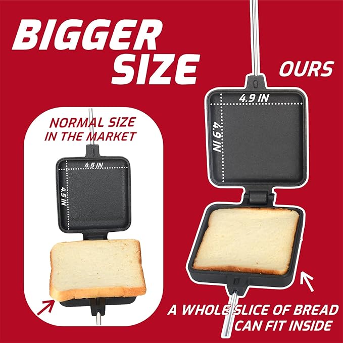 Campfire Pie Iron 4.9" Large Cast Iron Sandwich Maker for Camping 2 Pcs with Storage Bag - 21.7 inch Adjustable Handles - Campfire Cooking Equipment for Grilling & Outdoor Cooking