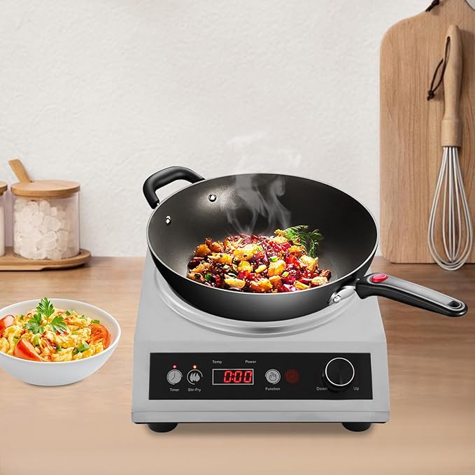 1800W Electric Wok, Stainless Steel Wok for Induction Cooktop with 10 Power, 1-24 Hour Timer, 140-460°F Adjustable Temperature, Concave Surface Induction Wok for Home and Commercial