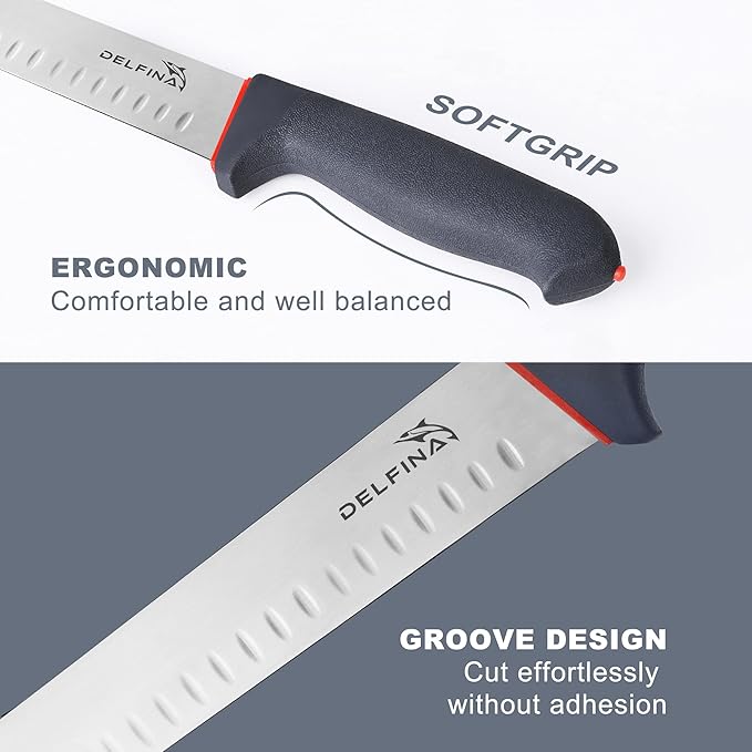 DELFINA 12 Inch Brisket Slicing Knife W/Sheath & SoftGrip Handle, Sharp Premium Carving Slicing Knife For Meat Cutting, Great for Slicing Roasts, Meats, Fruits and Vegetables