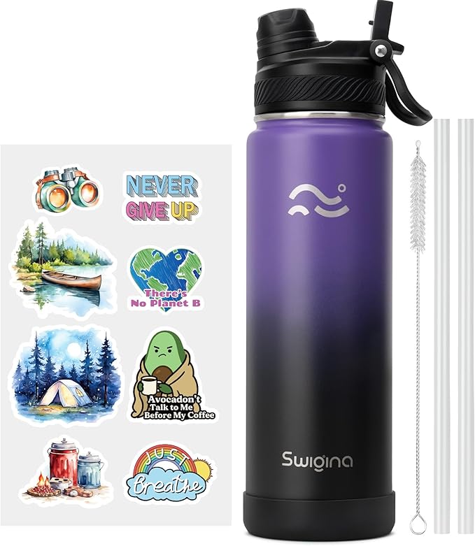 Swigina [2-IN-1 LID] Insulated Water Bottle with Silicone Boot (36hrs Cold/18hrs Hot) - DIY Stickers, Leakproof, BPA Free, 24 oz