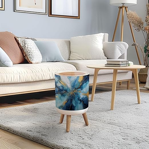 Trash Can with Lid Abstract visual blue marble style painting glitter gold veins white Press Top Round Small Garbage Bin with Wooden Legs Waste Basket for Kitchen Bedroom Nursery 7L/1.8 Gallon