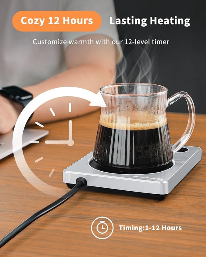 Maestri House ETL Listed Coffee Mug Warmer with 4 Temp Settings & 1-12 Hour Timer, Auto Shut Off for Desk, Smart Electric Beverage Warmer, Candle Melter for Home and Office (Silver)