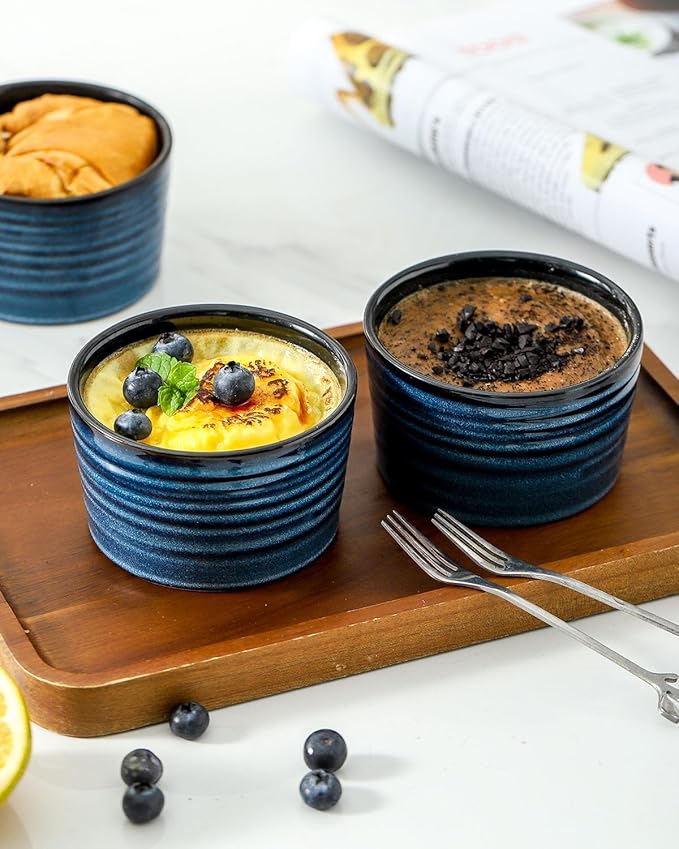 glowworm 8 oz Ramekins Set of 6, Ramekins Set of 6 for Creme Brulee Souffle, Porcelain Custard Cups for Baking, Oven, Microwave, Dishwasher Safe, Blue