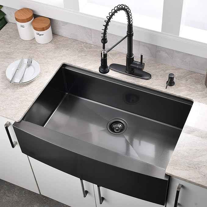 33 Inch Farmhouse Kitchen Sink Workstation Black - VOKIM 33x22 Apron Front Kitchen Sink Stainless Steel 16 Gauge Single Bowl Gunmetal Farm Sink