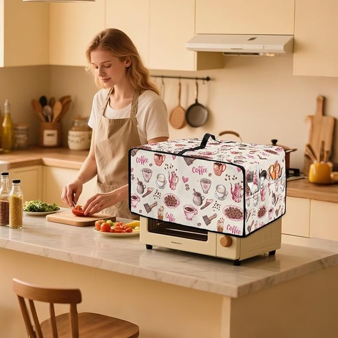 Toaster Oven Dust Cover Dustproof Stylish Convection Microwave Ovens Cover Stain-resistant Small Countertop Appliance Protector, M, Coffee Mocha Pot Beige Pink