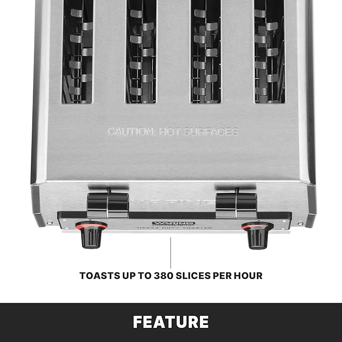 Waring Commercial WCT805B 4-Slice Heavy Duty Commercial Pop-Up Toaster, 208/240V, 2028/2700W, 6-20 Phase Plug, Silver, 10.5 x 11.5 x 9 inches