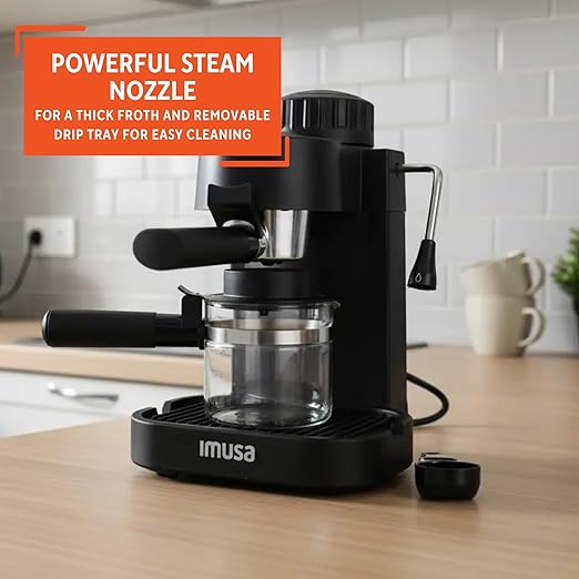 IMUSA Electric Espresso Cappuccino Maker 4 Cup Capacity with Milk Frother Black Coffee Machine for Home Barista Experience