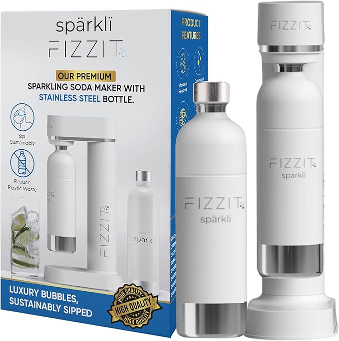 Fizzit Stainless Steel Sparkling Water Maker Bundle | Includes Soda Maker, CO2 Cylinder, & 12-Flavor Variety Pack | Customizable Carbonated Water Machine, Reusable bottle & Eco-Friendly