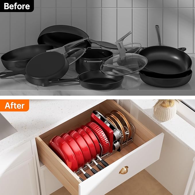 MUDEELA Pot Rack - Expandable Pots and Pans Organizer under Cabinet, Pot Lid Organizer Holder with 12 Adjustable Compartment, Kitchen Cabinet Organizer and Storage for Cutting Board, Skillets Pan
