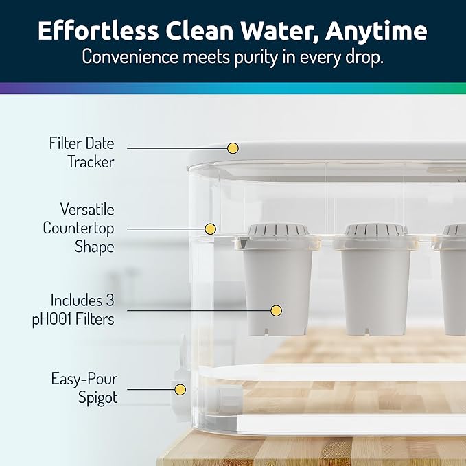 Invigorated Water - Alkaline Countertop Water Filter Dispenser, Large 53-Cup Capacity, Mineralized Alkaline Water, BPA-Free, 96 Gallons/Filter (White, 3 Filters Included)