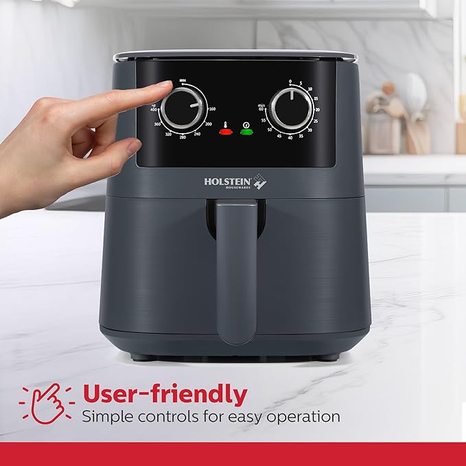 Holstein Housewares 4.4QT Air Fryer. Your All-in-One Culinary Solution. Air fry, roast, bake or grill. Adjustable temperature and time, Hot air technology and Dishwasher Safe, 1400W, Grey
