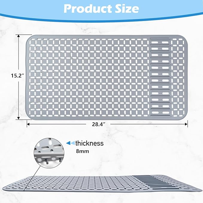 Silicone Sink Mat 28.4''x15.2'' Kitchen Sink Protector With DIY Drain Hole, Grey Farmhouse Silicone Protector 1pcs Kitchen Sinks Accessories