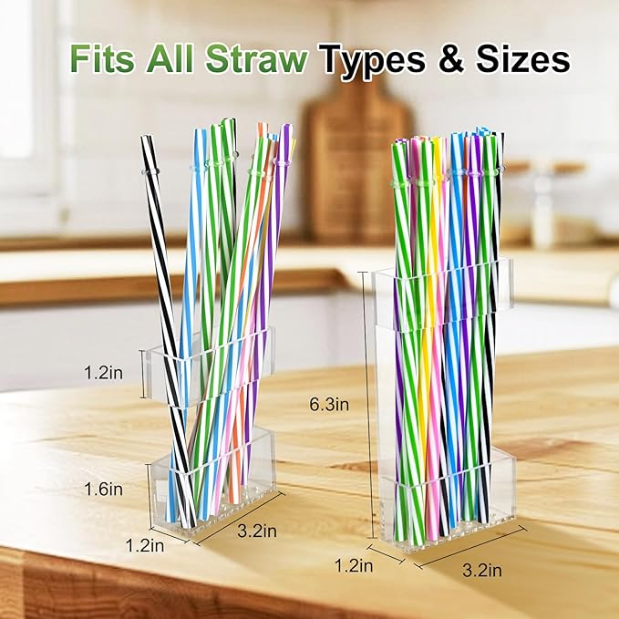 2 PACK Acrylic Straw Holder for Cabinet Doors, Reusable Straw Organizer with Ultra-Sticky Adhesive, Small Kitchen Accessories Container, Fits Both Short & Long Straws (Transparent)