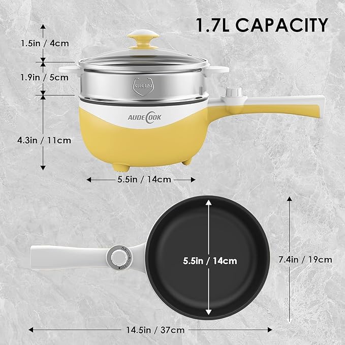 Audecook Hot Pot Electric, 1.7L Mini Electric Skillet Portable Nonstick Sauté Pan with Power Adjustment, Ramen Cooker Travel Multicooker for Steak/Soup/Egg/Oatmeal/Noodles