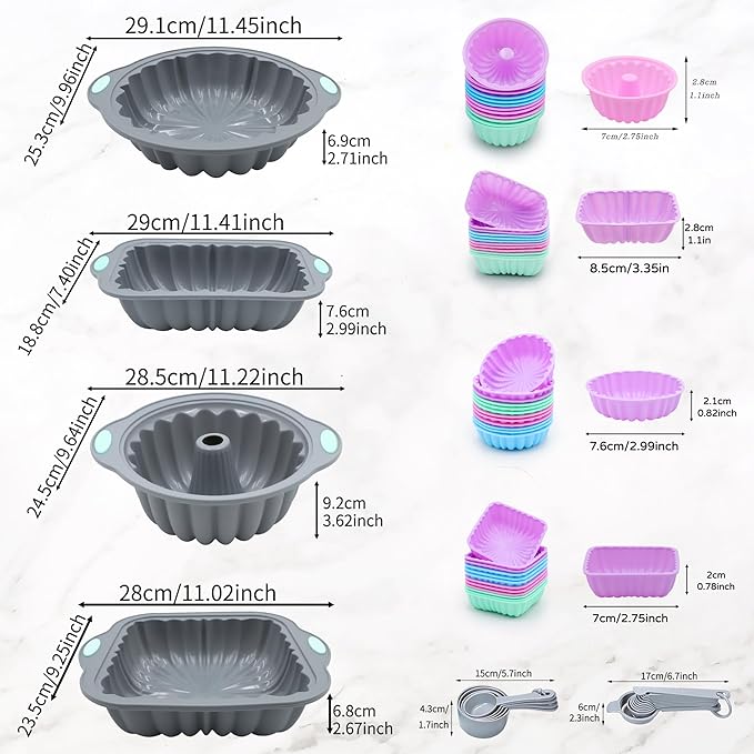 To encounter 69 Pieces Silicone Baking Set, Non-Stick Bakeware Set with Cake Pans, Muffin Cups, Food Grade Silicone Baking Molds for Cakes, Bread, Muffins, Brownies, Light Grey