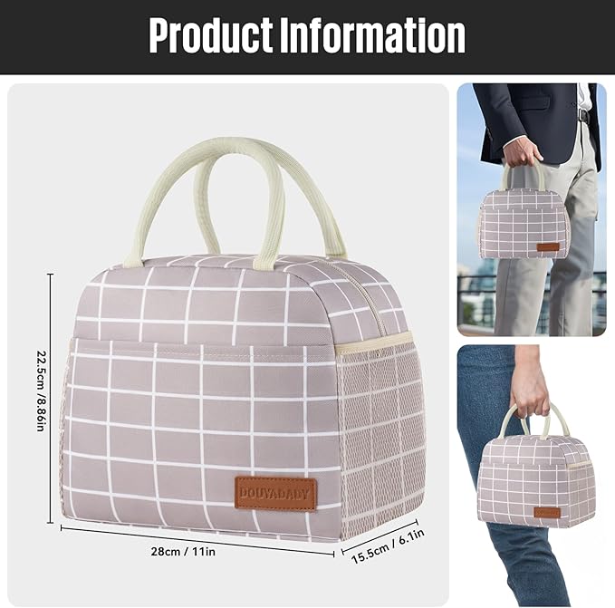 douyadady Lunch Bag Women/Men Lunch Box Women/Men (Grey+White Blocks)